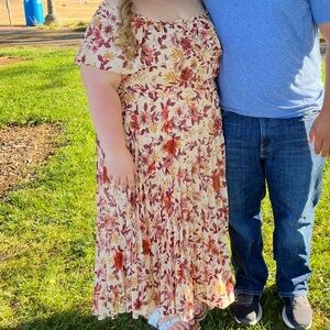 Pleated floral off shoulder dress